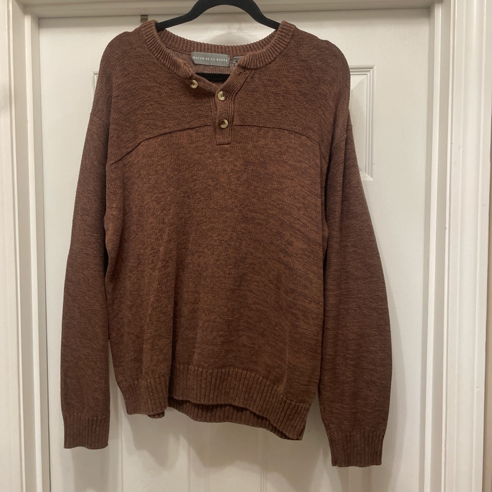 Oscar de la Renta Chocolate Henley vintage sweater textured pattern layer preppy